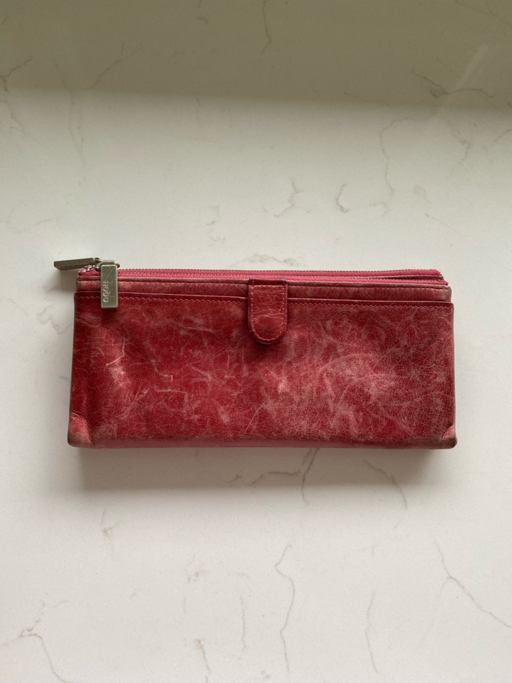 HOBO Distressed Red Leather Zip Wallet